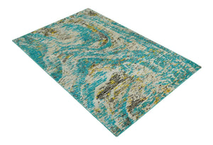 Hand Knotted 5x8 Blue, Ivory and Brown Modern Abstract  Recycled Silk Area Rug