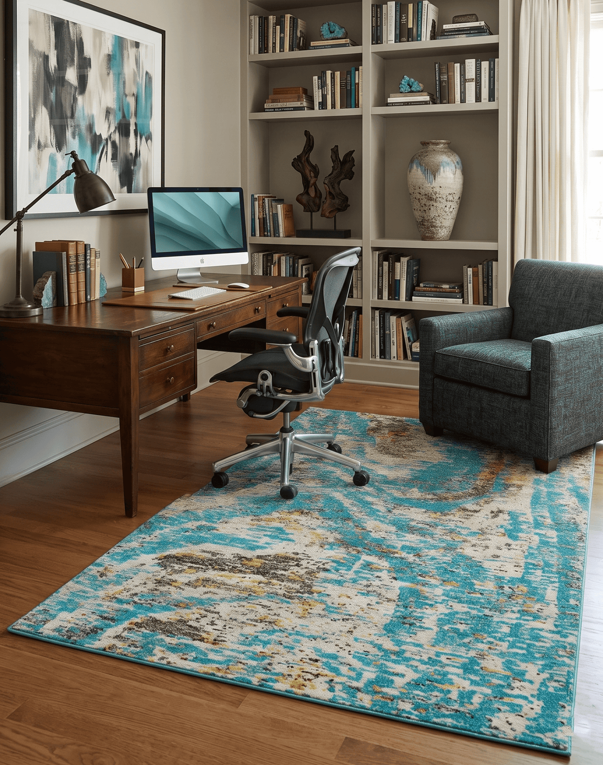 Hand Knotted 5x8 Blue, Ivory and Brown Modern Abstract  Recycled Silk Area Rug