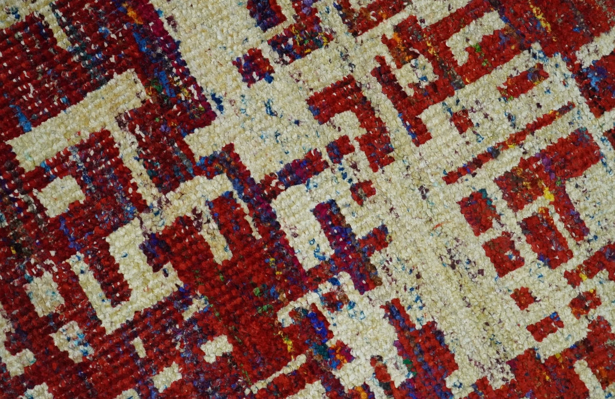 Hand Knotted 5x8 Rust and Blue Modern Abstract  Recycled Silk Area Rug