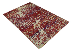 Hand Knotted 5x8 Rust and Blue Modern Abstract  Recycled Silk Area Rug