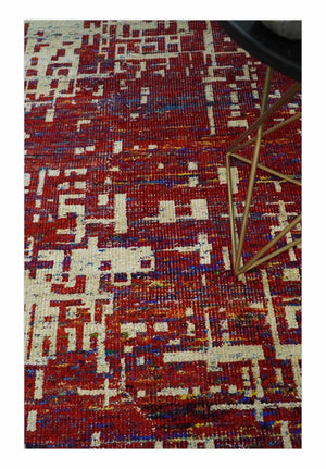 Hand Knotted 5x8 Rust and Blue Modern Abstract  Recycled Silk Area Rug