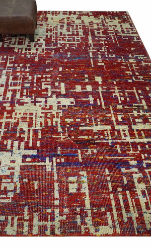 Hand Knotted 5x8 Rust and Blue Modern Abstract  Recycled Silk Area Rug