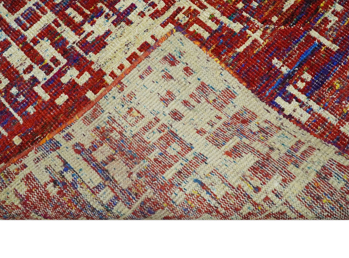 Hand Knotted 5x8 Rust and Blue Modern Abstract  Recycled Silk Area Rug