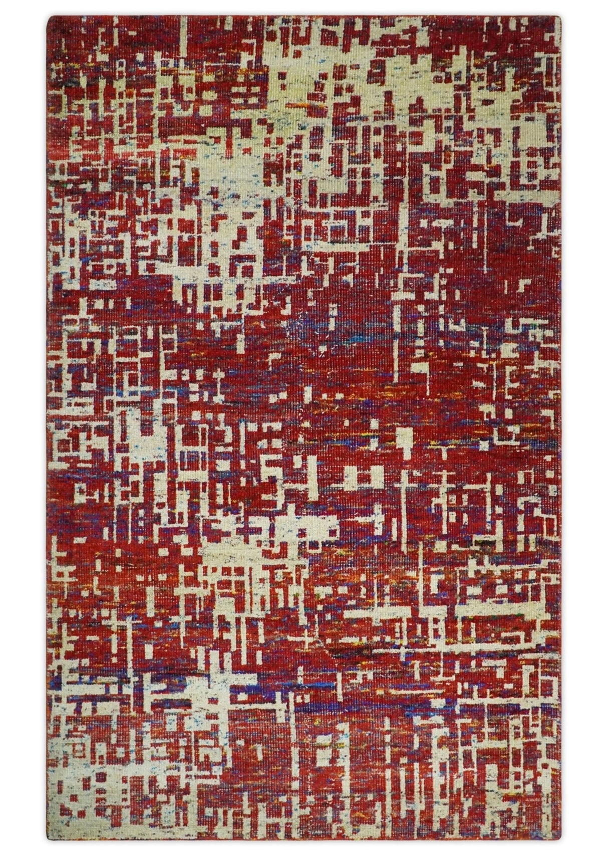 Hand Knotted 5x8 Rust and Blue Modern Abstract  Recycled Silk Area Rug