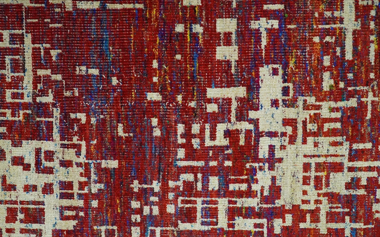 Hand Knotted 5x8 Rust and Blue Modern Abstract  Recycled Silk Area Rug