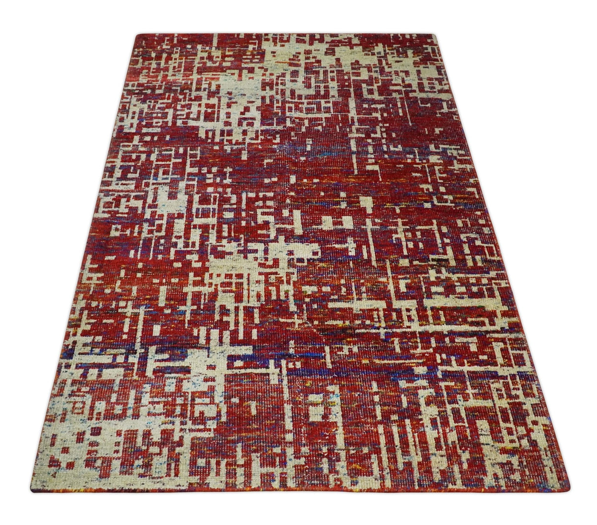 Hand Knotted 5x8 Rust and Blue Modern Abstract  Recycled Silk Area Rug