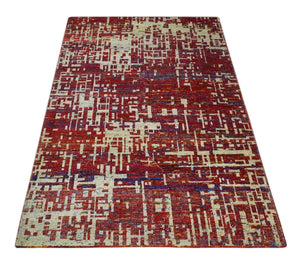 Hand Knotted 5x8 Rust and Blue Modern Abstract  Recycled Silk Area Rug