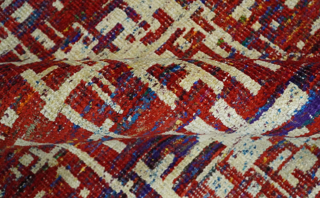 Hand Knotted 5x8 Rust and Blue Modern Abstract  Recycled Silk Area Rug