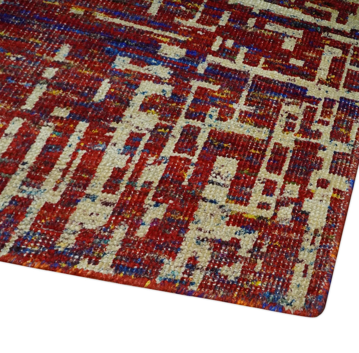 Hand Knotted 5x8 Rust and Blue Modern Abstract  Recycled Silk Area Rug