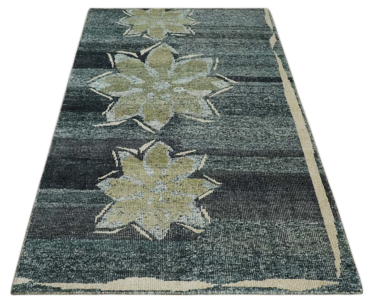Hand Knotted 5x8 Charcoal And Beige Floral  Recycled Silk Area Rug