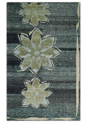 Hand Knotted 5x8 Charcoal And Beige Floral  Recycled Silk Area Rug