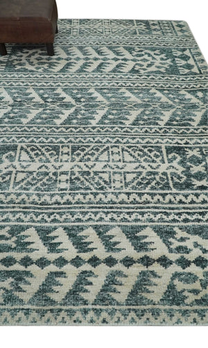 Hand Knotted 5x8 Ivory and Teal Modern Style Recycled Silk Area Rug