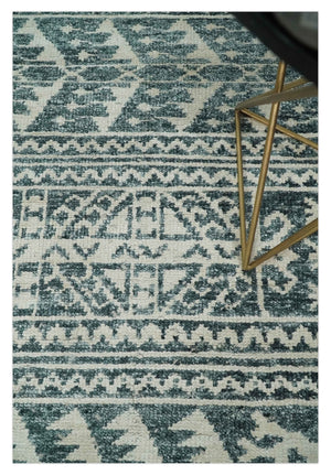 Hand Knotted 5x8 Ivory and Teal Modern Style Recycled Silk Area Rug