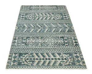 Hand Knotted 5x8 Ivory and Teal Modern Style Recycled Silk Area Rug