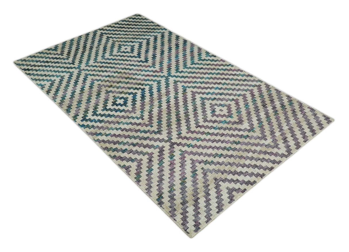 Hand Knotted 5x8 Ivory, Blue and Purple Geometric Style  Bamboo Silk Area Rug