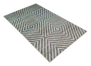 Hand Knotted 5x8 Ivory, Blue and Purple Geometric Style  Bamboo Silk Area Rug