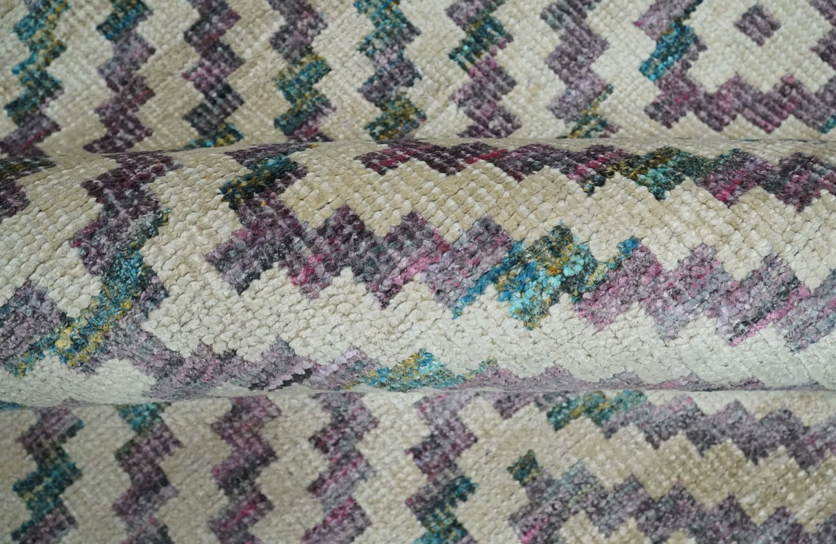 Hand Knotted 5x8 Ivory, Blue and Purple Geometric Style  Bamboo Silk Area Rug