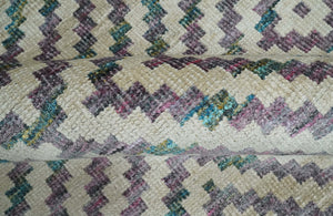 Hand Knotted 5x8 Ivory, Blue and Purple Geometric Style  Bamboo Silk Area Rug