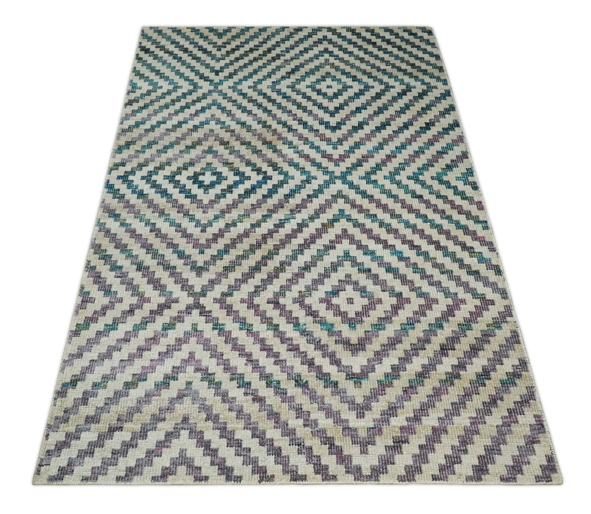 Hand Knotted 5x8 Ivory, Blue and Purple Geometric Style  Bamboo Silk Area Rug