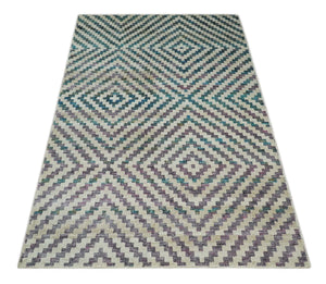 Hand Knotted 5x8 Ivory, Blue and Purple Geometric Style  Bamboo Silk Area Rug
