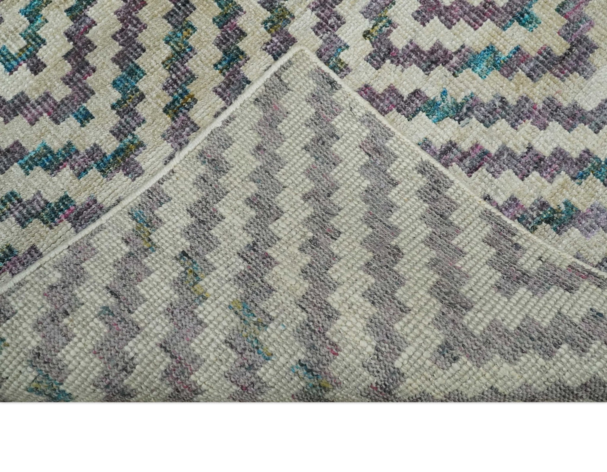 Hand Knotted 5x8 Ivory, Blue and Purple Geometric Style  Bamboo Silk Area Rug