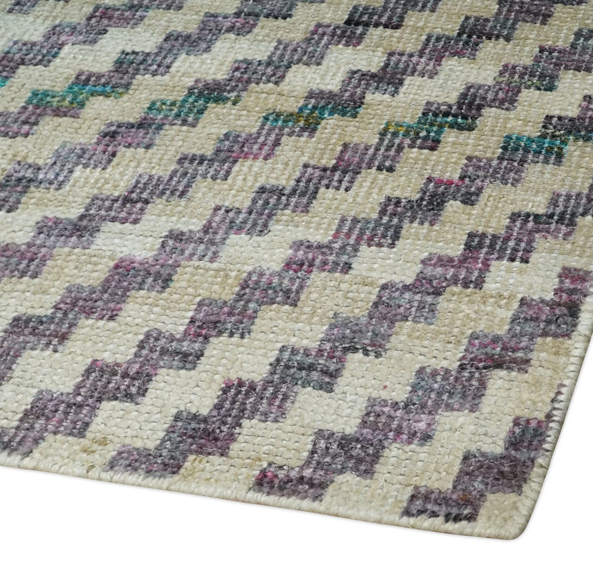 Hand Knotted 5x8 Ivory, Blue and Purple Geometric Style  Bamboo Silk Area Rug