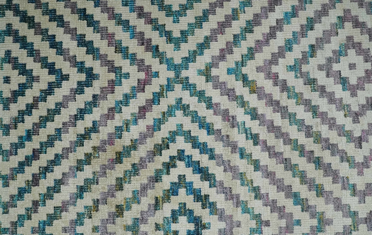 Hand Knotted 5x8 Ivory, Blue and Purple Geometric Style  Bamboo Silk Area Rug