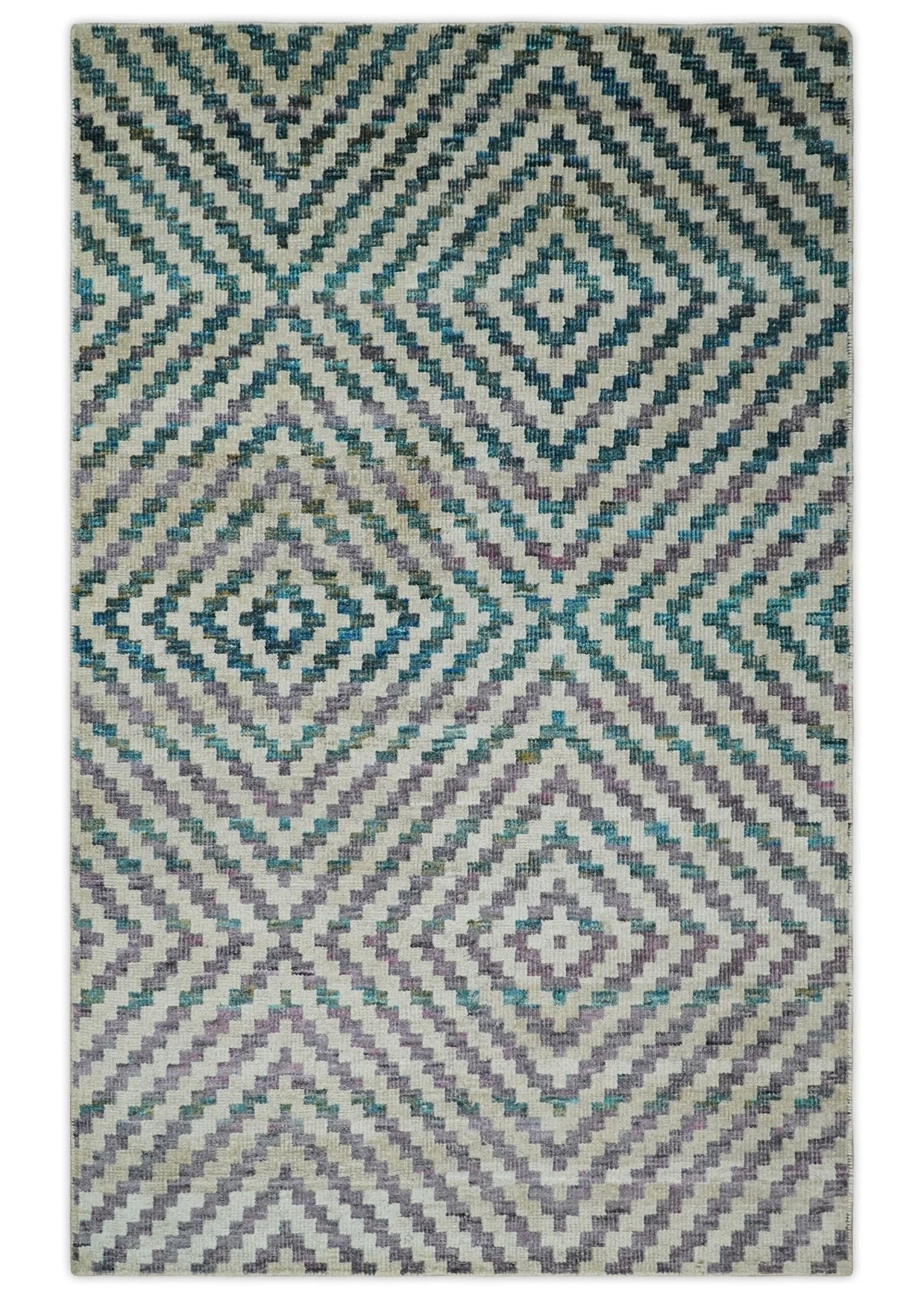 Hand Knotted 5x8 Ivory, Blue and Purple Geometric Style  Bamboo Silk Area Rug