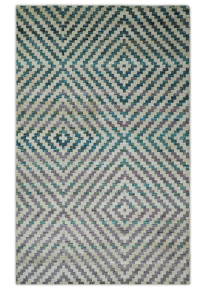 Hand Knotted 5x8 Ivory, Blue and Purple Geometric Style  Bamboo Silk Area Rug