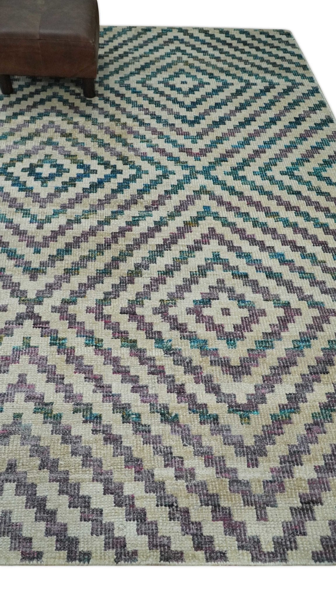Hand Knotted 5x8 Ivory, Blue and Purple Geometric Style  Bamboo Silk Area Rug