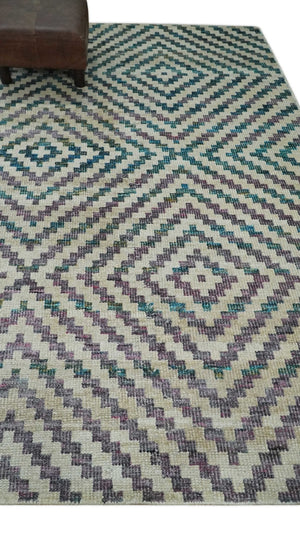 Hand Knotted 5x8 Ivory, Blue and Purple Geometric Style  Bamboo Silk Area Rug