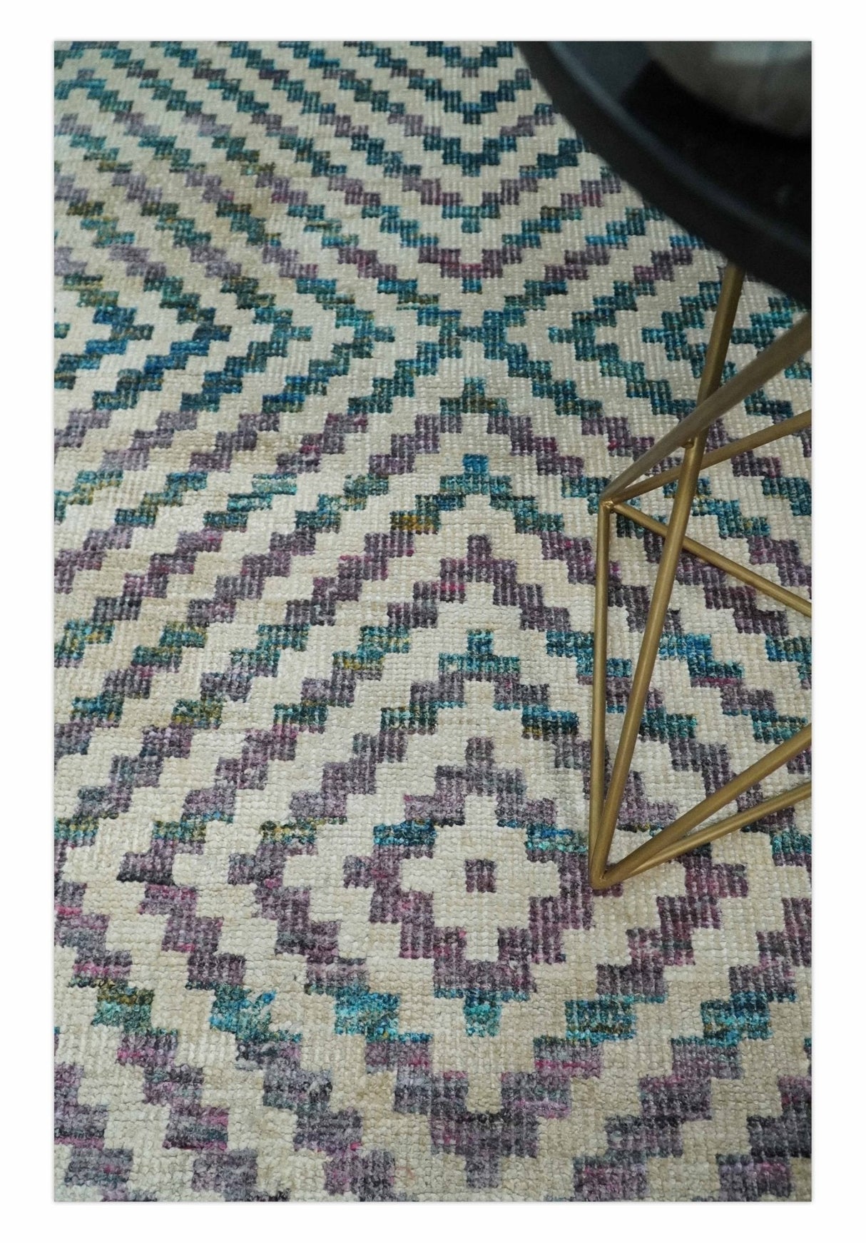 Hand Knotted 5x8 Ivory, Blue and Purple Geometric Style  Bamboo Silk Area Rug
