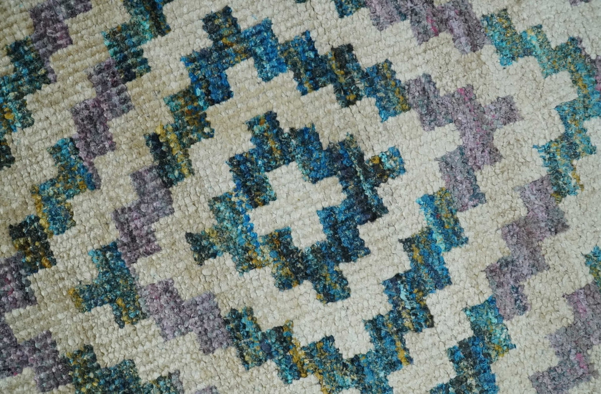 Hand Knotted 5x8 Ivory, Blue and Purple Geometric Style  Bamboo Silk Area Rug