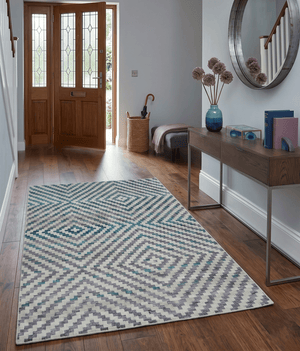 Hand Knotted 5x8 Ivory, Blue and Purple Geometric Style  Bamboo Silk Area Rug