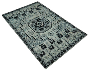 Hand Knotted 5x8 Ivory, Silver and Black Geometric Style Bamboo Silk Area Rug