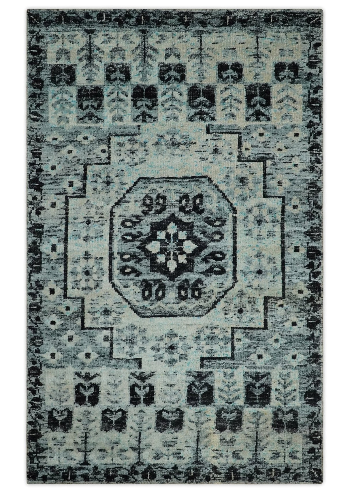 Hand Knotted 5x8 Ivory, Silver and Black Geometric Style Bamboo Silk Area Rug