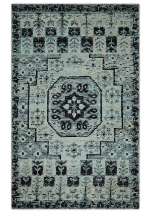 Hand Knotted 5x8 Ivory, Silver and Black Geometric Style Bamboo Silk Area Rug