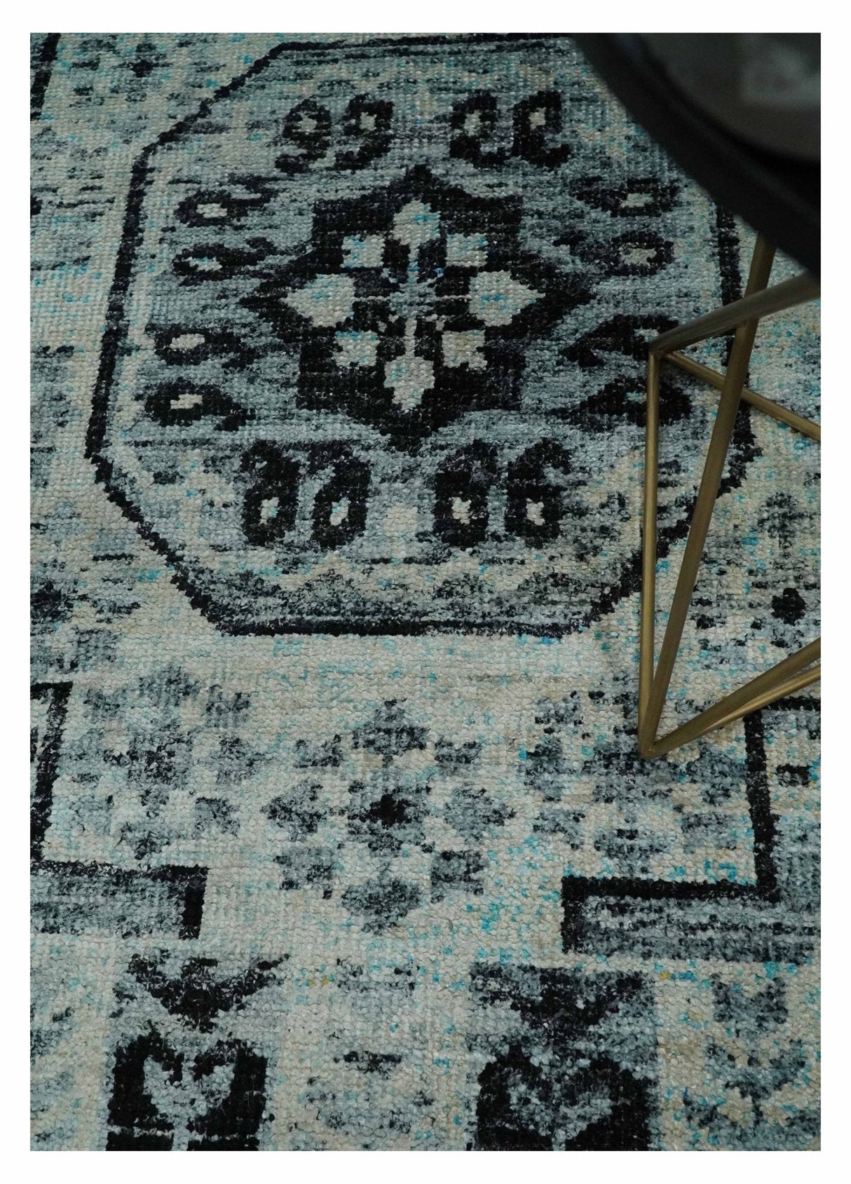 Hand Knotted 5x8 Ivory, Silver and Black Geometric Style Bamboo Silk Area Rug