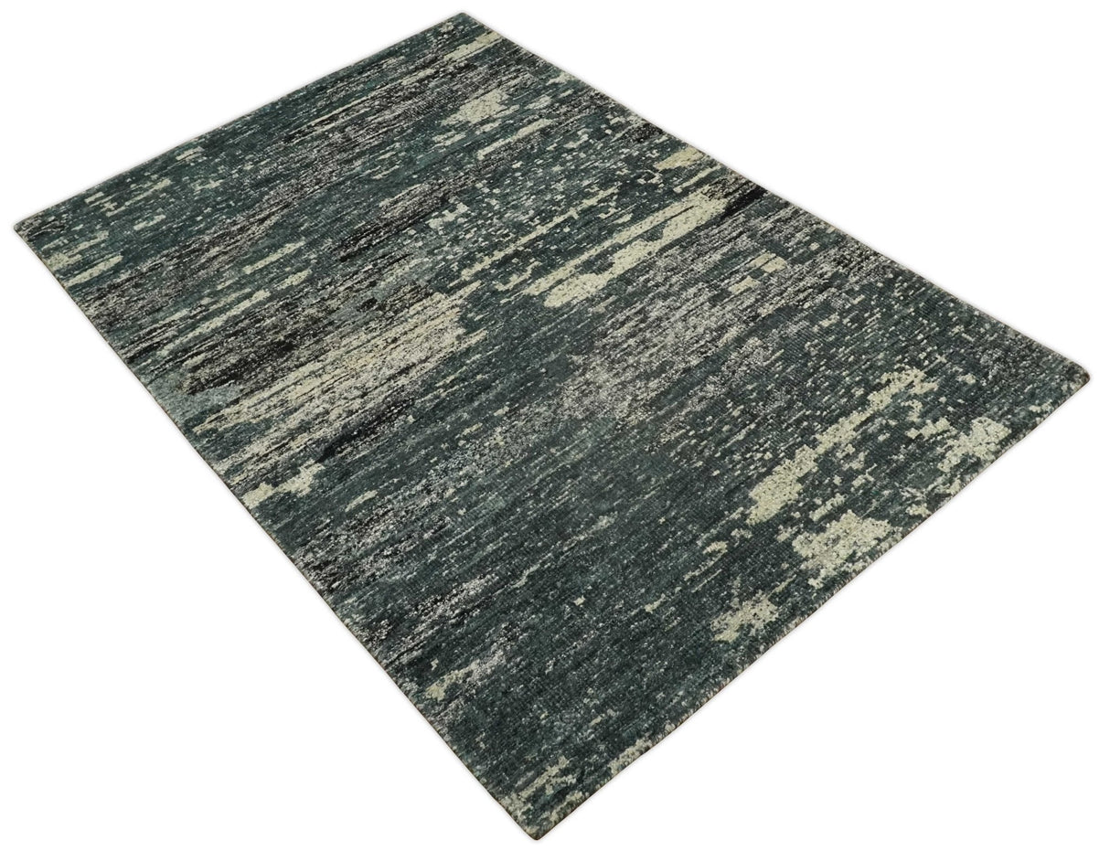 Hand Knotted 5x8 Ivory, moss green and Black Modern Abstract  Recycled Silk Area Rug