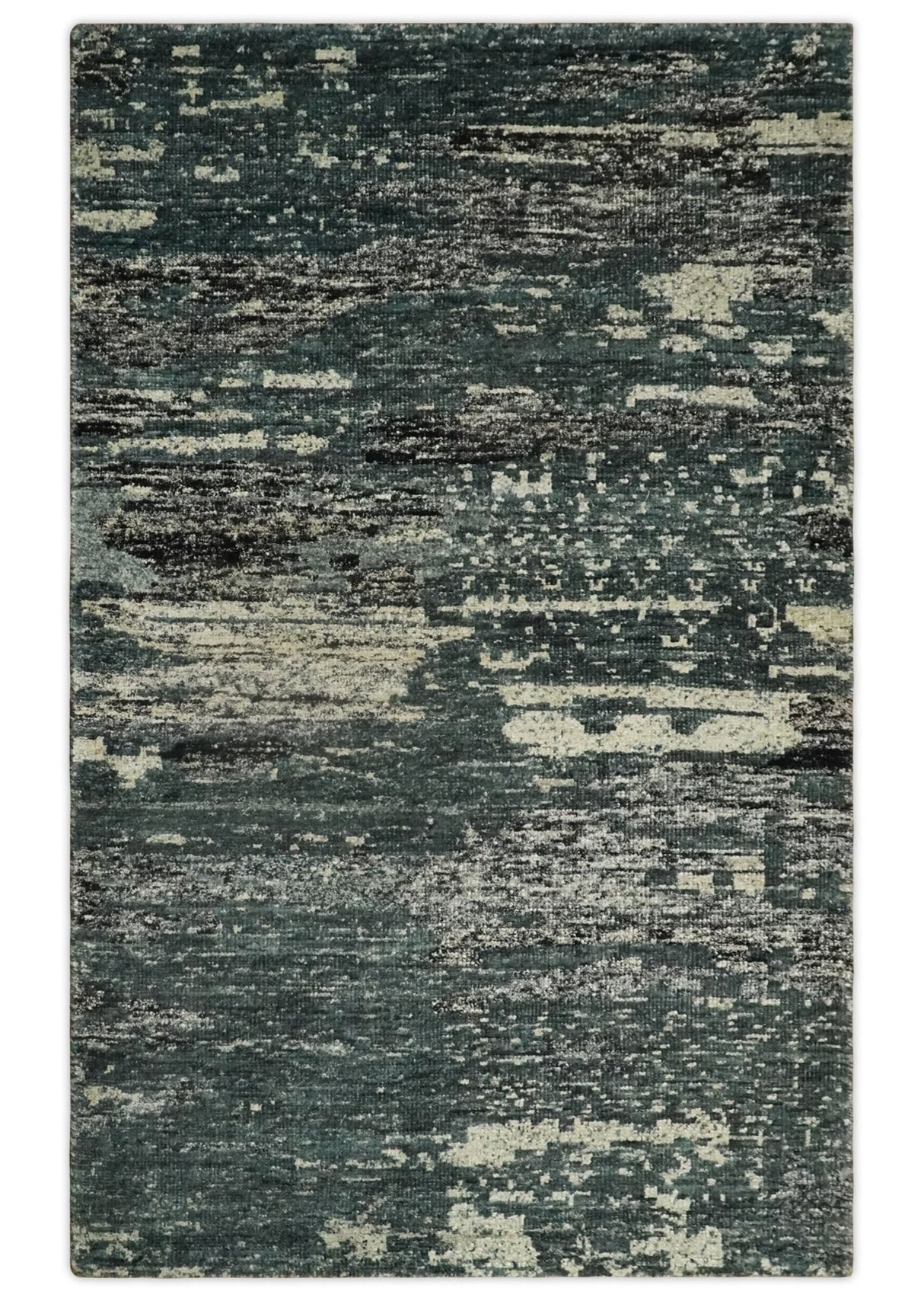 Hand Knotted 5x8 Ivory, moss green and Black Modern Abstract  Recycled Silk Area Rug