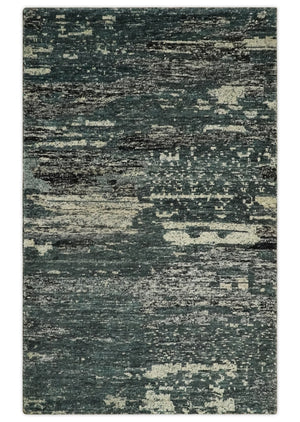 Hand Knotted 5x8 Ivory, moss green and Black Modern Abstract  Recycled Silk Area Rug