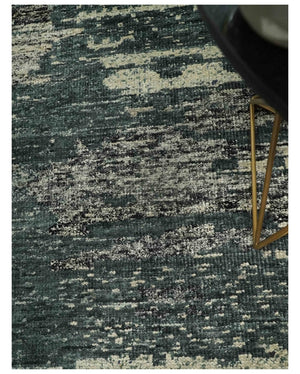 Hand Knotted 5x8 Ivory, moss green and Black Modern Abstract  Recycled Silk Area Rug