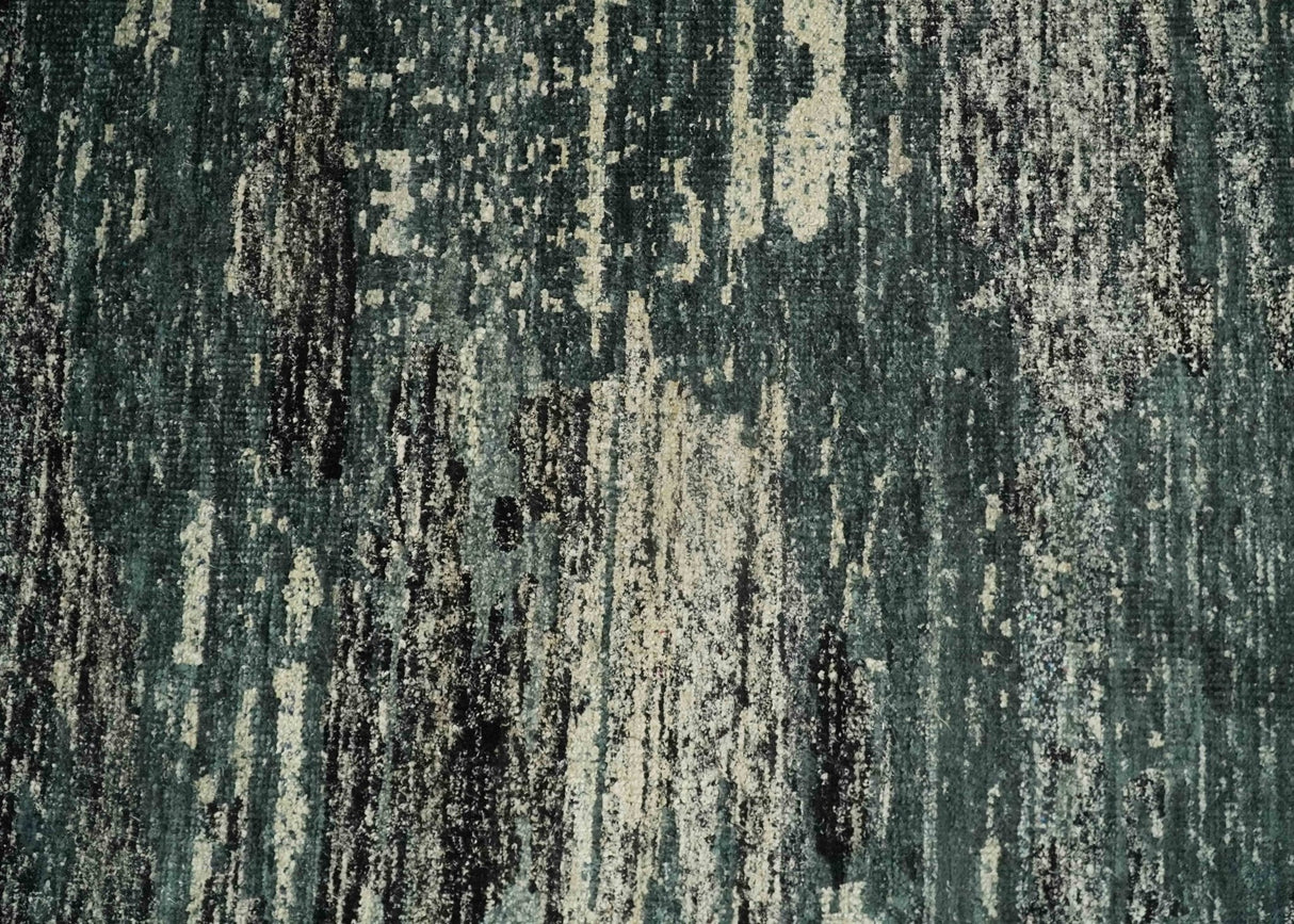 Hand Knotted 5x8 Ivory, moss green and Black Modern Abstract  Recycled Silk Area Rug
