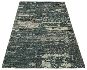 Hand Knotted 5x8 Ivory, moss green and Black Modern Abstract  Recycled Silk Area Rug