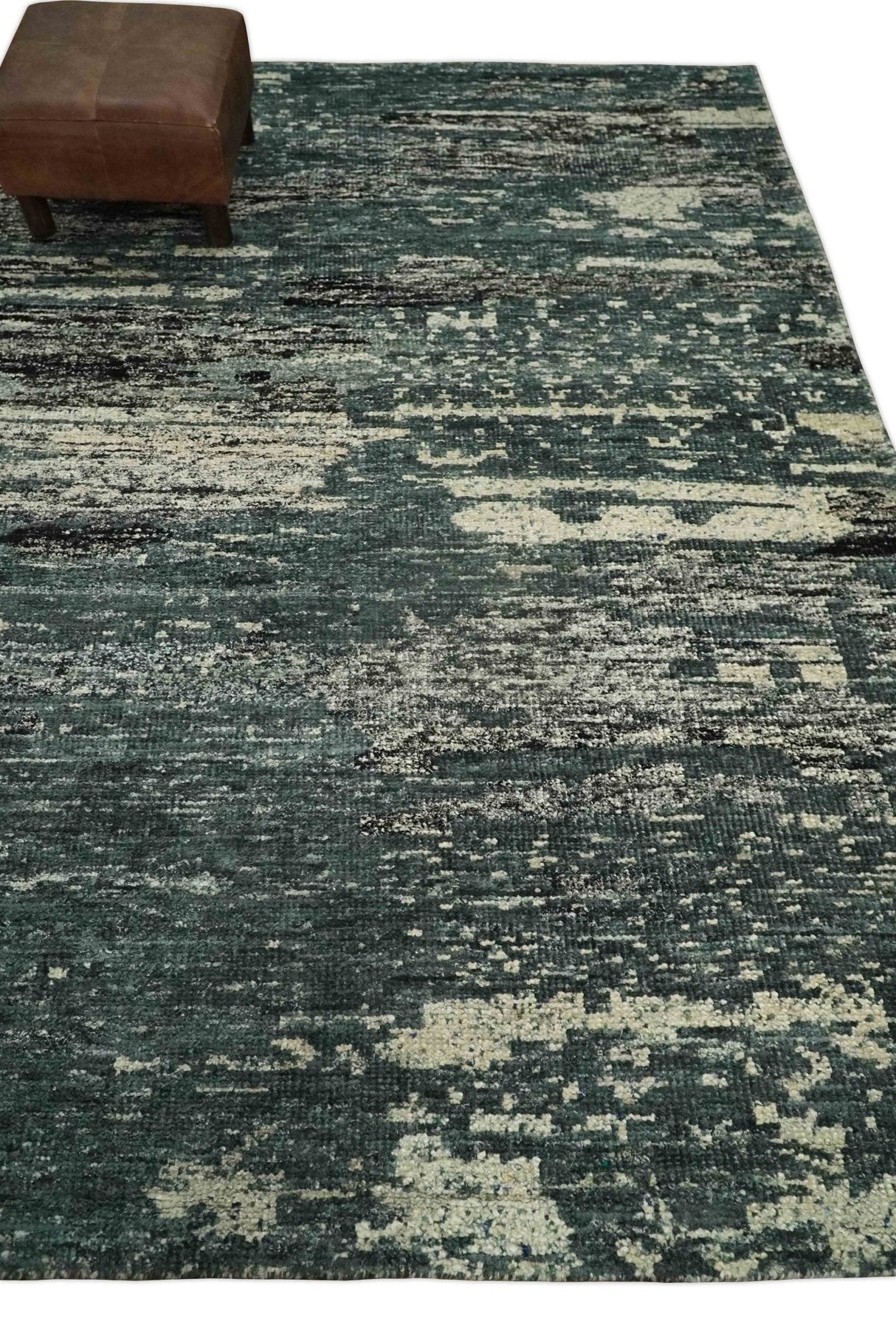 Hand Knotted 5x8 Ivory, moss green and Black Modern Abstract  Recycled Silk Area Rug