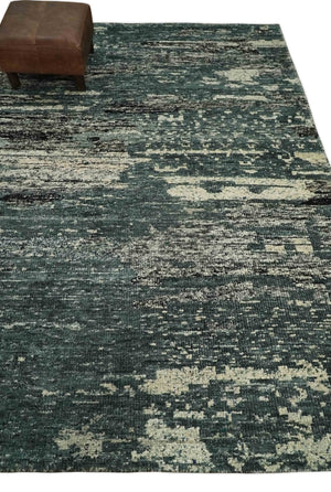 Hand Knotted 5x8 Ivory, moss green and Black Modern Abstract  Recycled Silk Area Rug