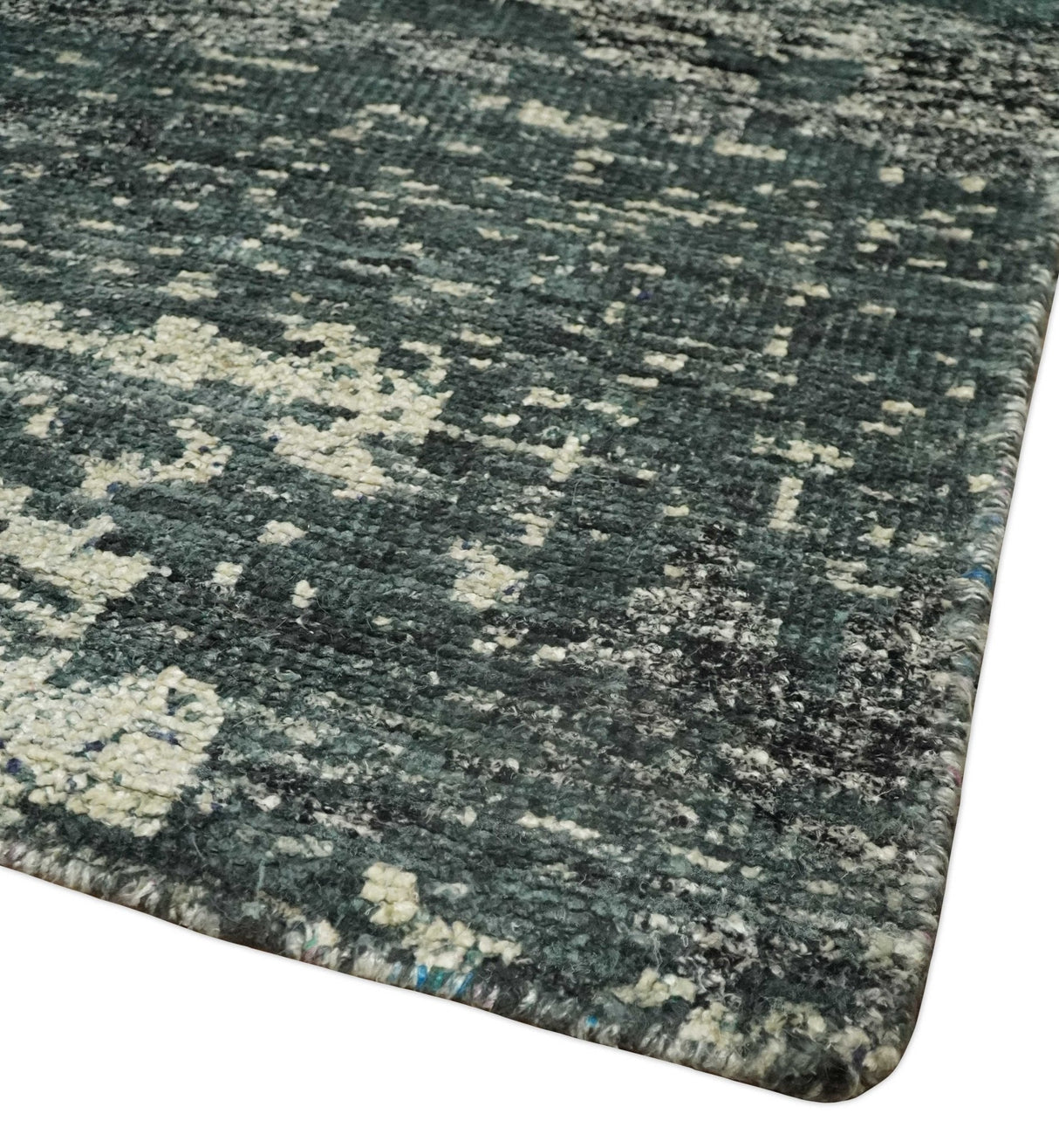Hand Knotted 5x8 Ivory, moss green and Black Modern Abstract  Recycled Silk Area Rug