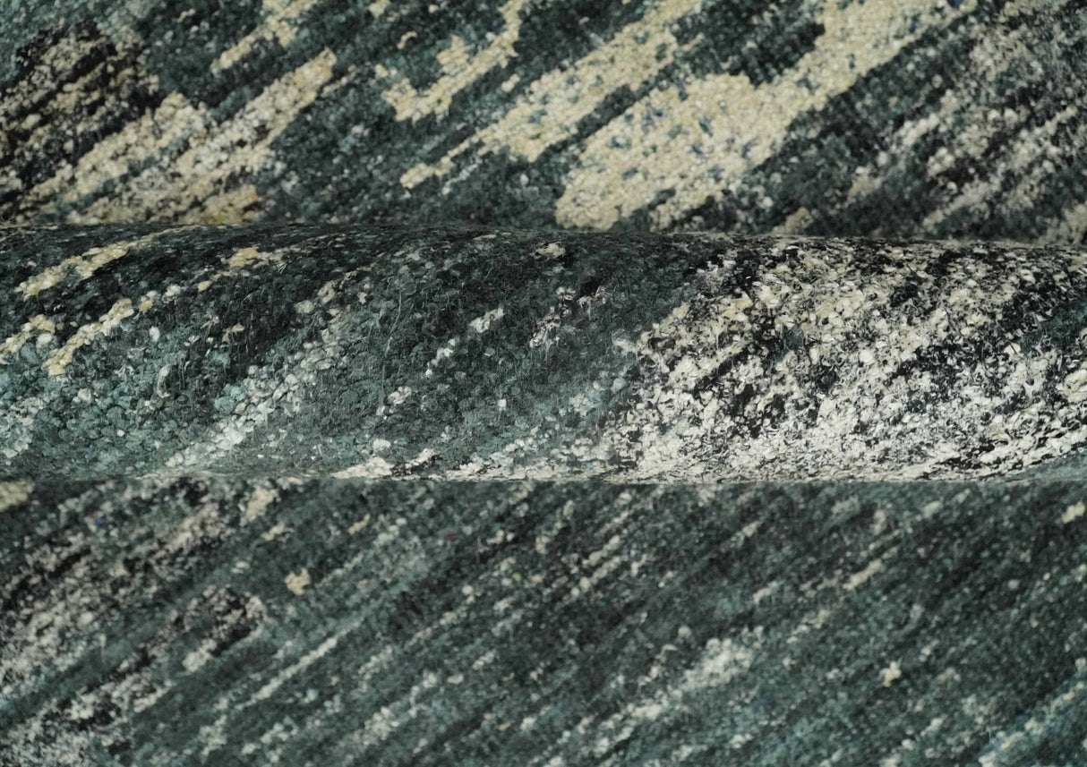Hand Knotted 5x8 Ivory, moss green and Black Modern Abstract  Recycled Silk Area Rug