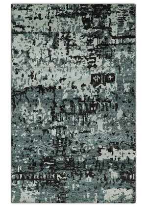 Hand Knotted 5x8 Ivory, Teal and Black Modern Abstract Recycled Silk Area Rug