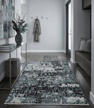 Hand Knotted 5x8 Ivory, Teal and Black Modern Abstract Recycled Silk Area Rug